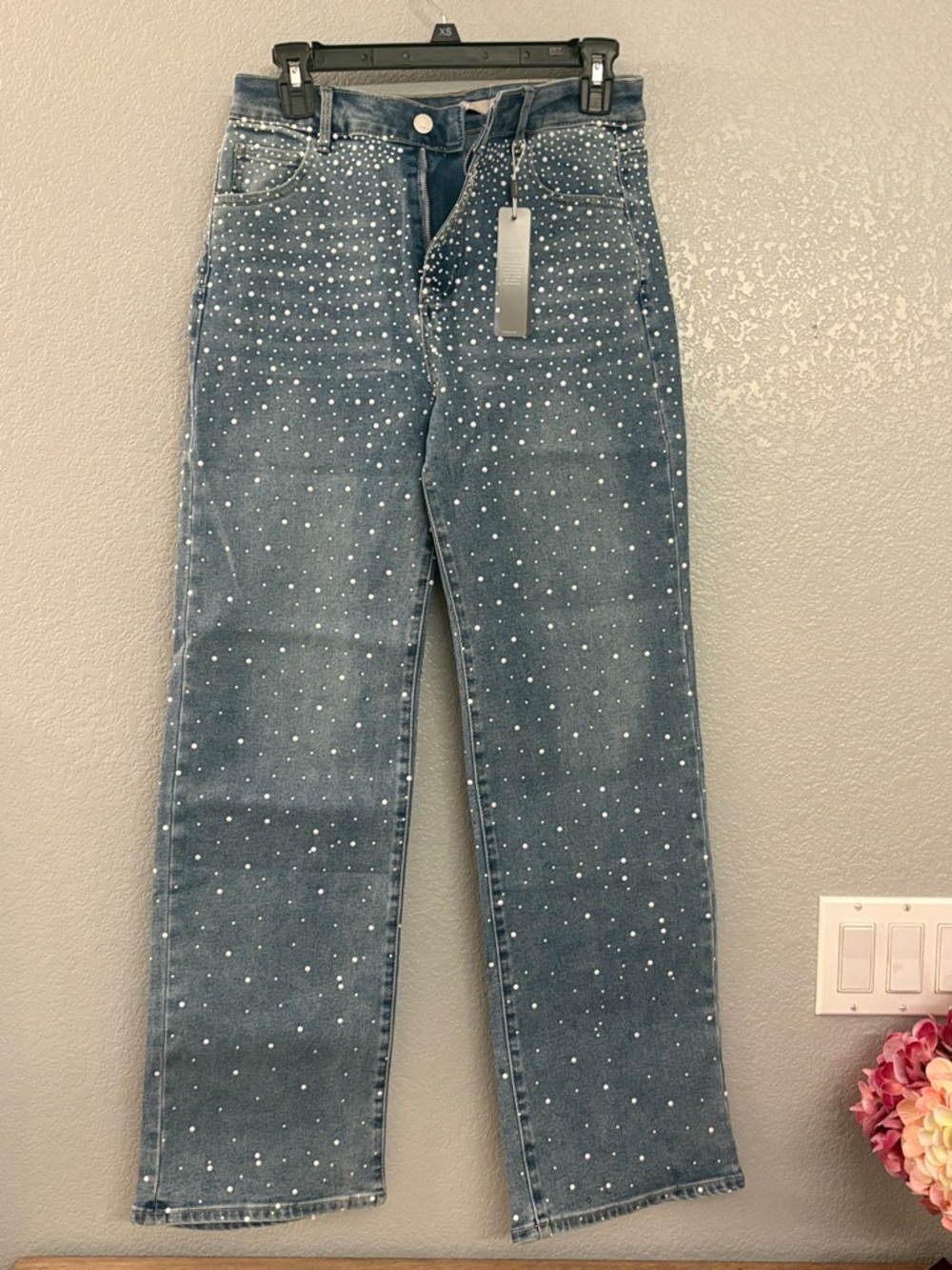 Tractr Denim Straight-Leg Jeans with White Crystal Dot Accents